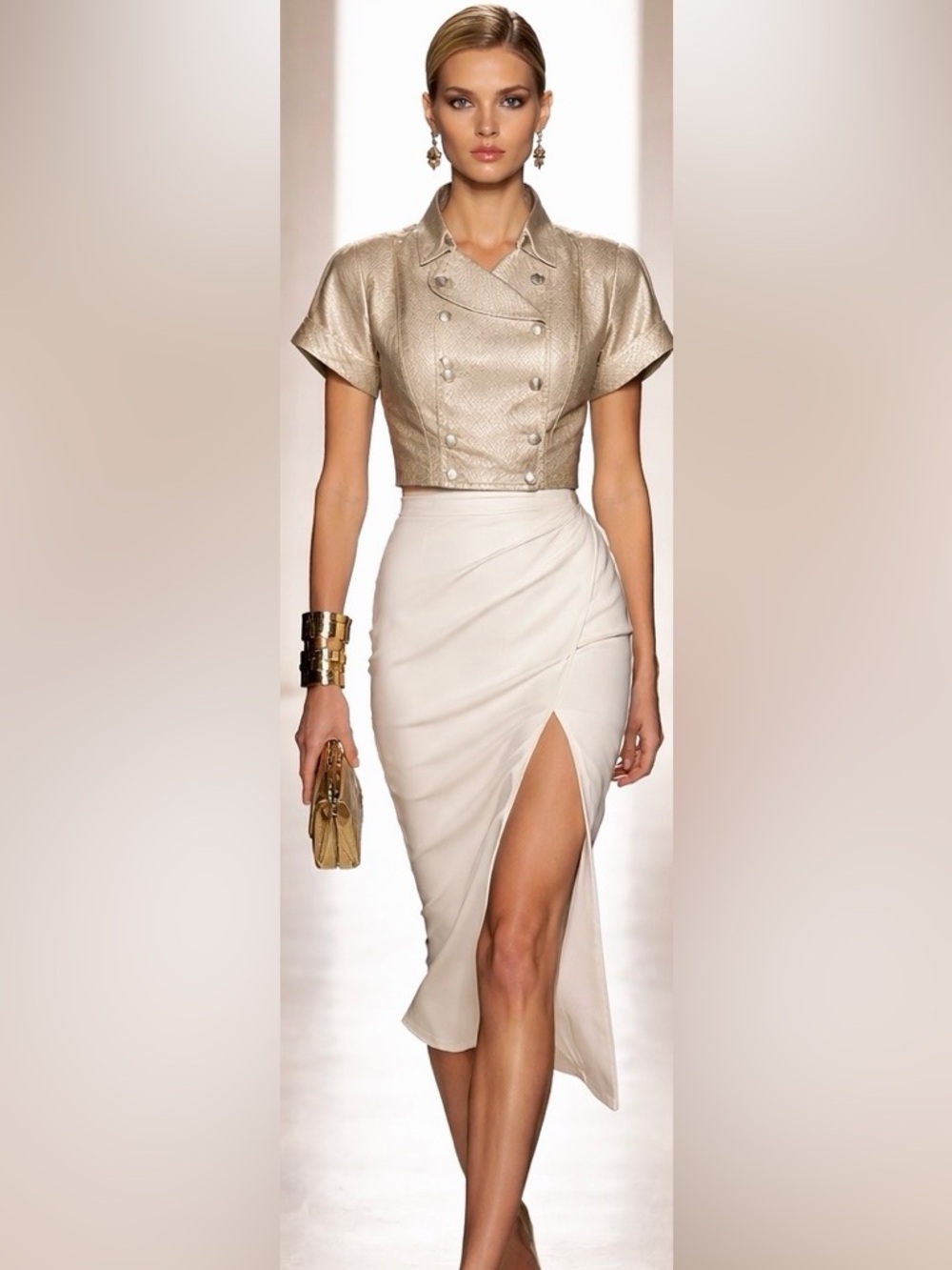 BCBGMaxAzria Short-Sleeve Metallic Gold Double-Breasted Blazer